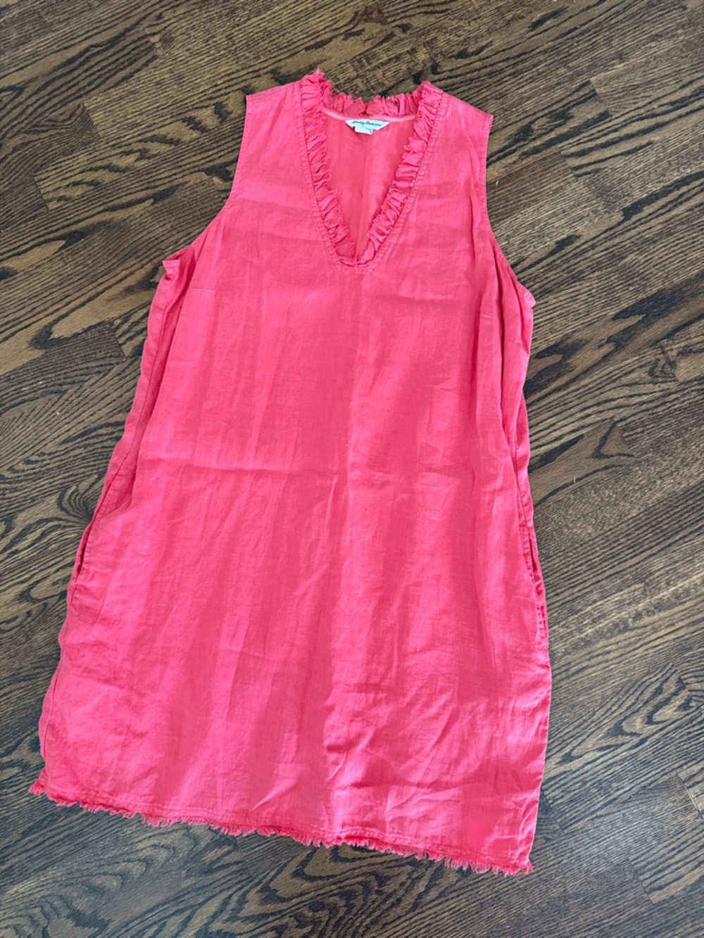 Linen Sleeveless Ruffle V-Neck Dress in Bright Coral